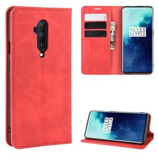 For OnePlus 7T Pro Retro-skin Business Magnetic Suction Leather Case with Purse-Bracket-Chuck(Red)