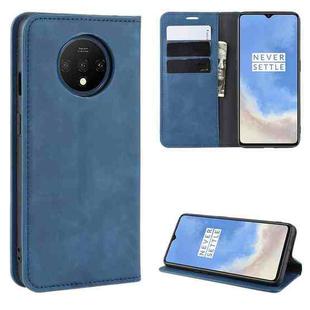 For OnePlus 7T Retro-skin Business Magnetic Suction Leather Case with Purse-Bracket-Chuck(Dark Blue)