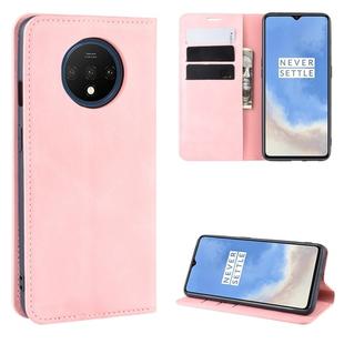 For OnePlus 7T Retro-skin Business Magnetic Suction Leather Case with Purse-Bracket-Chuck(Pink)