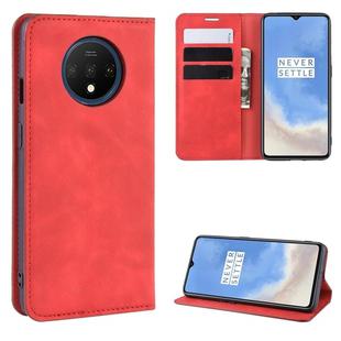 For OnePlus 7T Retro-skin Business Magnetic Suction Leather Case with Purse-Bracket-Chuck(Red)