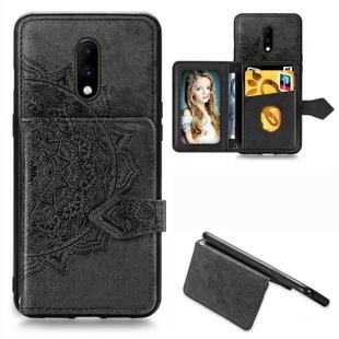 For OnePlus 7 Mandala Embossed Magnetic Cloth PU + TPU + PC Case with Holder & Card Slots & Wallet & Photo Frame & Strap(Black)