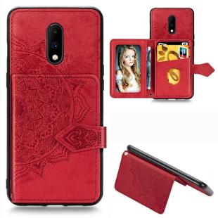 For OnePlus 7 Mandala Embossed Magnetic Cloth PU + TPU + PC Case with Holder & Card Slots & Wallet & Photo Frame & Strap(Red)