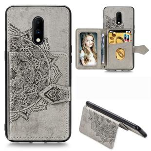 For OnePlus 7 Mandala Embossed Magnetic Cloth PU + TPU + PC Case with Holder & Card Slots & Wallet & Photo Frame & Strap(Gray)