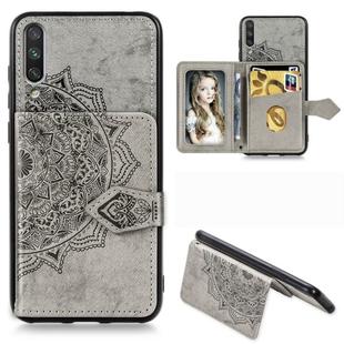 For Xiaomi Mi CC9 Mandala Embossed Magnetic Cloth PU + TPU + PC Case with Holder & Card Slots & Wallet & Photo Frame & Strap(Gray)