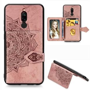 For Xiaomi Redmi 8 Mandala Embossed Magnetic Cloth PU + TPU + PC Case with Holder & Card Slots & Wallet & Photo Frame & Strap(Rose Gold)