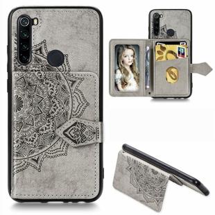 For Xiaomi Redmi Note 8 Mandala Embossed Magnetic Cloth PU + TPU + PC Case with Holder & Card Slots & Wallet & Photo Frame & Strap(Gray)