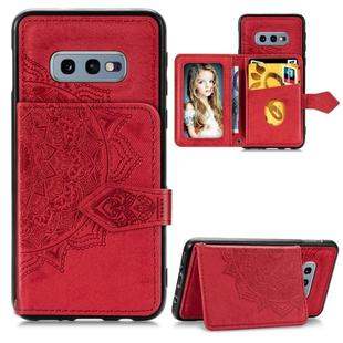 For Galaxy S10e Mandala Embossed Cloth Card Case Mobile Phone Case with Magnetic and Bracket Function with Card Bag / Wallet / Photo Frame Function with Hand Strap(Red)