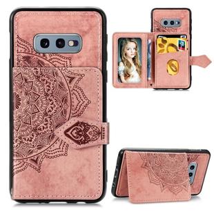 For Galaxy S10e Mandala Embossed Cloth Card Case Mobile Phone Case with Magnetic and Bracket Function with Card Bag / Wallet / Photo Frame Function with Hand Strap(Rose Gold)