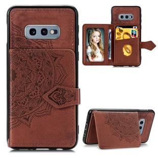 For Galaxy S10e Mandala Embossed Cloth Card Case Mobile Phone Case with Magnetic and Bracket Function with Card Bag / Wallet / Photo Frame Function with Hand Strap(Brown)