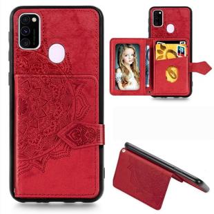 For Galaxy M30s Mandala Embossed Magnetic Cloth PU + TPU + PC Case with Holder & Card Slots & Wallet & Photo Frame & Strap(Red)