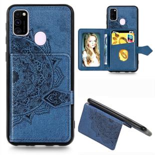 For Galaxy M30s Mandala Embossed Magnetic Cloth PU + TPU + PC Case with Holder & Card Slots & Wallet & Photo Frame & Strap(Blue)