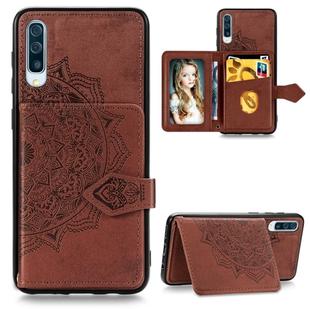 For Galaxy A50 Mandala Embossed Magnetic Cloth PU + TPU + PC Case with Holder & Card Slots & Wallet & Photo Frame & Strap(Brown)