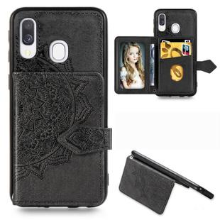For Galaxy A40 Mandala Mandala Embossed Magnetic Cloth PU + TPU + PC Case with Holder & Card Slots & Wallet & Photo Frame & Strap(Black)