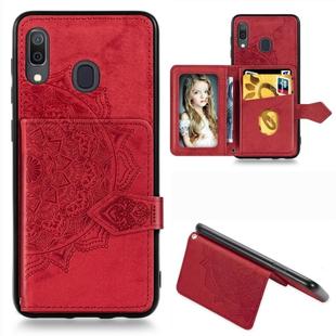 For Galaxy A30 Mandala Embossed Magnetic Cloth PU + TPU + PC Case with Holder & Card Slots & Wallet & Photo Frame & Strap(Red)