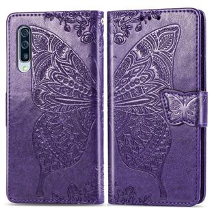For Galaxy A70s Butterfly Love Flower Embossed Horizontal Flip Leather Case with Bracket / Card Slot / Wallet / Lanyard(Dark Purple)