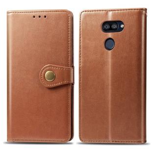 For LG K40S Retro Solid Color Leather Buckle Phone Case with Lanyard & Photo Frame & Card Slot & Wallet & Stand Function(Brown)