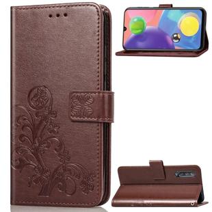 For Galaxy A70s Four-leaf Clasp Embossed Buckle Mobile Phone Protection Leather Case with Lanyard & Card Slot & Wallet & Bracket Function(Brown)