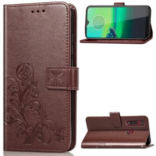 For Motorola G8 Play Four-leaf Clasp Embossed Buckle Mobile Phone Protection Leather Case with Lanyard & Card Slot & Wallet & Bracket Function(Brown)