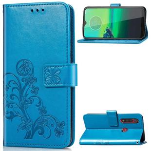 For Motorola G8 Play Four-leaf Clasp Embossed Buckle Mobile Phone Protection Leather Case with Lanyard & Card Slot & Wallet & Bracket Function(Blue)