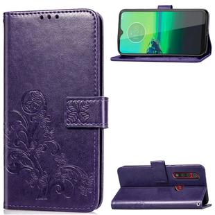 For Motorola G8 Play Four-leaf Clasp Embossed Buckle Mobile Phone Protection Leather Case with Lanyard & Card Slot & Wallet & Bracket Function(Purple)