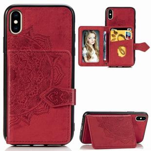 For iPhone X/XS  Mandala Embossed Magnetic Cloth PU + TPU + PC Case with Holder & Card Slots & Wallet & Photo Frame & Strap(Red)