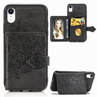 For iPhone XR Mandala Embossed Magnetic Cloth PU + TPU + PC Case with Holder & Card Slots & Wallet & Photo Frame & Strap(Black)