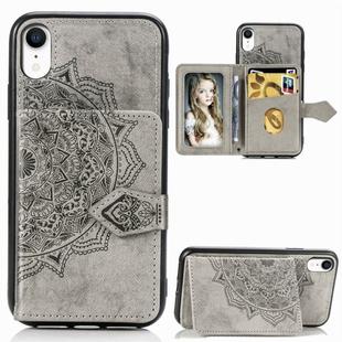 For iPhone XR Mandala Embossed Magnetic Cloth PU + TPU + PC Case with Holder & Card Slots & Wallet & Photo Frame & Strap(Gray)