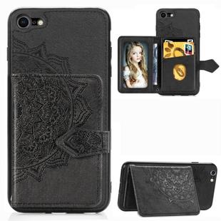 For iPhone SE 2022 / SE 2020 / 8 / 7  Mandala Embossed Magnetic Cloth PU + TPU + PC Case with Holder & Card Slots & Wallet & Photo Frame & Strap(Black)