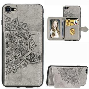 For iPhone SE 2022 / SE 2020 / 8 / 7  Mandala Embossed Magnetic Cloth PU + TPU + PC Case with Holder & Card Slots & Wallet & Photo Frame & Strap(Gray)