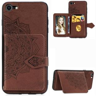 For iPhone SE 2022 / SE 2020 / 8 / 7  Mandala Embossed Magnetic Cloth PU + TPU + PC Case with Holder & Card Slots & Wallet & Photo Frame & Strap(Brown)