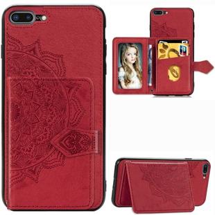 For iPhone 8 Plus / 7 Plus  Mandala Embossed Magnetic Cloth PU + TPU + PC Case with Holder & Card Slots & Wallet & Photo Frame & Strap(Red)
