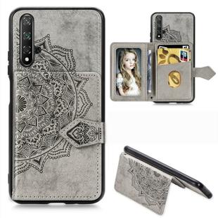 For Huawei Honor 20 Mandala Embossed Magnetic Cloth PU + TPU + PC Case with Holder & Card Slots & Wallet & Photo Frame & Strap(Gray)