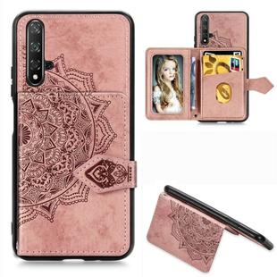 For Huawei Honor 20 Mandala Embossed Magnetic Cloth PU + TPU + PC Case with Holder & Card Slots & Wallet & Photo Frame & Strap(Rose Gold)