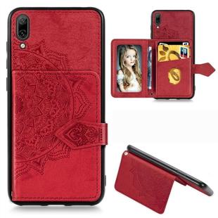 For Huawei Enjoy 9 Mandala Embossed Magnetic Cloth PU + TPU + PC Case with Holder & Card Slots & Wallet & Photo Frame & Strap(Red)