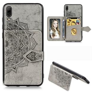 For Huawei Enjoy 9 Mandala Embossed Magnetic Cloth PU + TPU + PC Case with Holder & Card Slots & Wallet & Photo Frame & Strap(Gray)