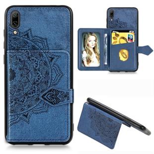 For Huawei Y7 Pro 2019 Mandala Embossed Magnetic Cloth PU + TPU + PC Case with Holder & Card Slots & Wallet & Photo Frame & Strap(Blue)