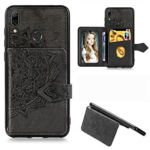 For Huawei Y7 2019 Mandala Embossed Magnetic Cloth PU + TPU + PC Case with Holder & Card Slots & Wallet & Photo Frame & Strap(Black)