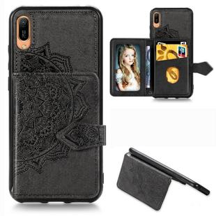 For Huawei Y6 Pro 2019 Mandala Embossed Magnetic Cloth PU + TPU + PC Case with Holder & Card Slots & Wallet & Photo Frame & Strap(Black)