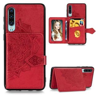 For Huawei P30 Mandala Embossed Magnetic Cloth PU + TPU + PC Case with Holder & Card Slots & Wallet & Photo Frame & Strap(Red)