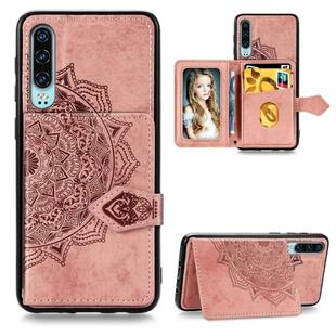 For Huawei P30 Mandala Embossed Magnetic Cloth PU + TPU + PC Case with Holder & Card Slots & Wallet & Photo Frame & Strap(Rose Gold)