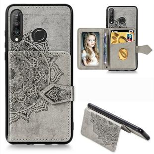 For Huawei P30 Lite Mandala Embossed Magnetic Cloth PU + TPU + PC Case with Holder & Card Slots & Wallet & Photo Frame & Strap(Gray)