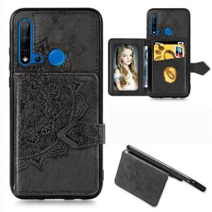 For Huawei P20 Lite 2019 Mandala Embossed Magnetic Cloth PU + TPU + PC Case with Holder & Card Slots & Wallet & Photo Frame & Strap(Black)