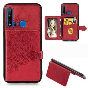 For Huawei P20 Lite 2019 Mandala Embossed Magnetic Cloth PU + TPU + PC Case with Holder & Card Slots & Wallet & Photo Frame & Strap(Red)