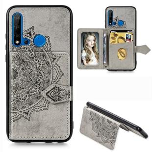 For Huawei P20 Lite 2019 Mandala Embossed Magnetic Cloth PU + TPU + PC Case with Holder & Card Slots & Wallet & Photo Frame & Strap(Gray)