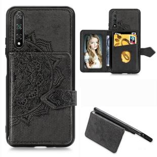 For Huawei Nova 5 Mandala Embossed Magnetic Cloth PU + TPU + PC Case with Holder & Card Slots & Wallet & Photo Frame & Strap(Black)