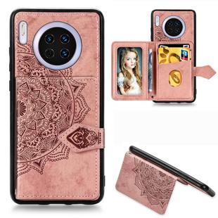 For Huawei Mate 30 Mandala Embossed Magnetic Cloth PU + TPU + PC Case with Holder & Card Slots & Wallet & Photo Frame & Strap(Rose Gold)