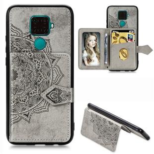 For Huawei Mate 30 Lite/Nova 5i Pro Mandala Embossed Magnetic Cloth PU + TPU + PC Case with Holder & Card Slots & Wallet & Photo Frame & Strap(Gray)