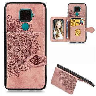 For Huawei Mate 30 Lite/Nova 5i Pro Mandala Embossed Magnetic Cloth PU + TPU + PC Case with Holder & Card Slots & Wallet & Photo Frame & Strap(Rose Gold)