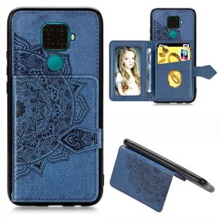 For Huawei Mate 30 Lite/Nova 5i Pro Mandala Embossed Magnetic Cloth PU + TPU + PC Case with Holder & Card Slots & Wallet & Photo Frame & Strap(Blue)