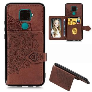 For Huawei Mate 30 Lite/Nova 5i Pro Mandala Embossed Magnetic Cloth PU + TPU + PC Case with Holder & Card Slots & Wallet & Photo Frame & Strap(Brown)